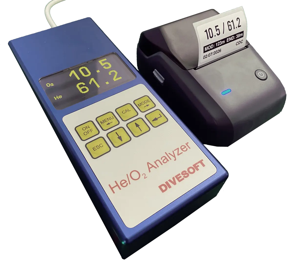 Divesoft trimix analyser beside a Bluetooth printer producing a gas label