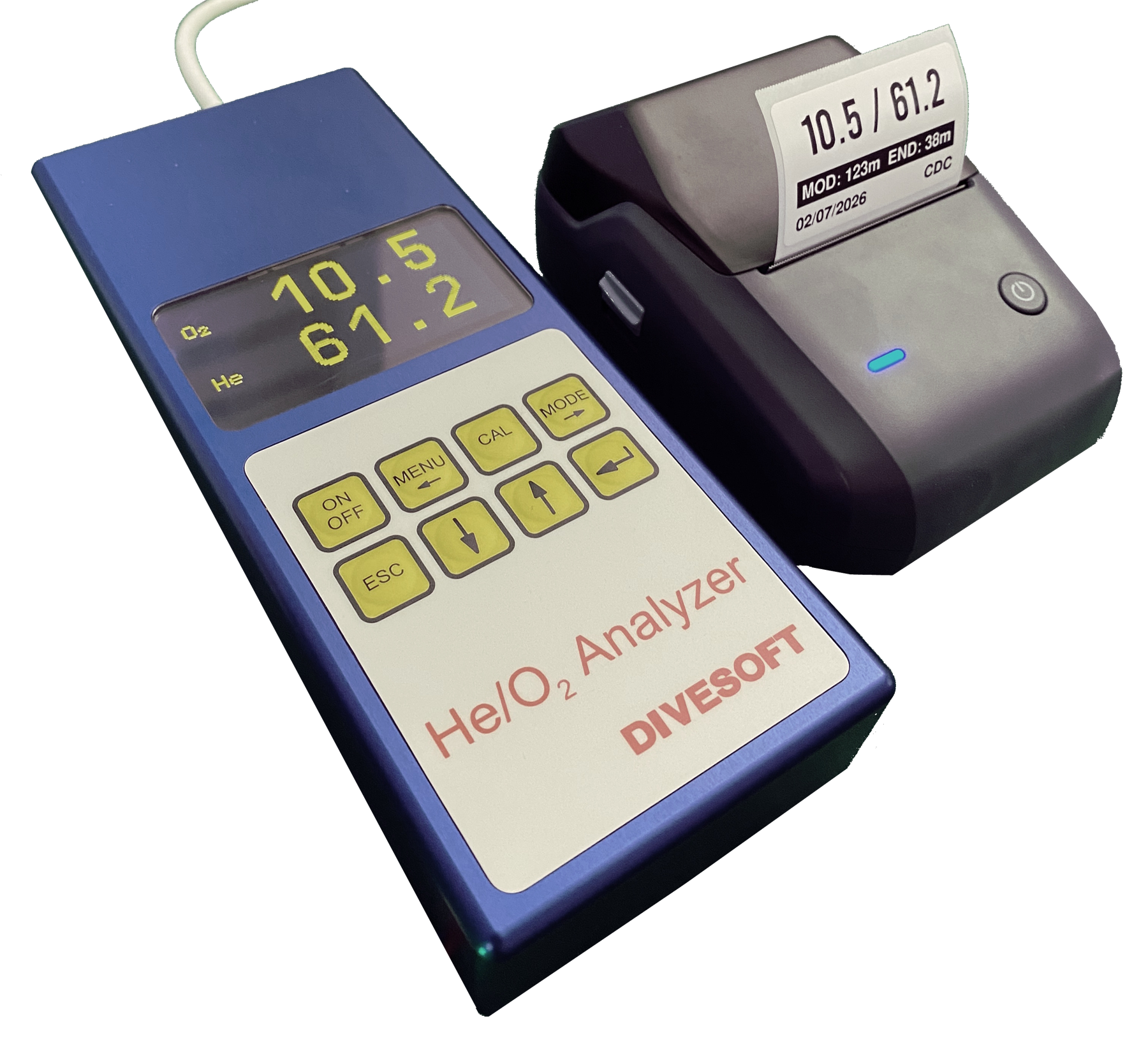 Divesoft trimix analyser beside a Bluetooth printer producing a gas label