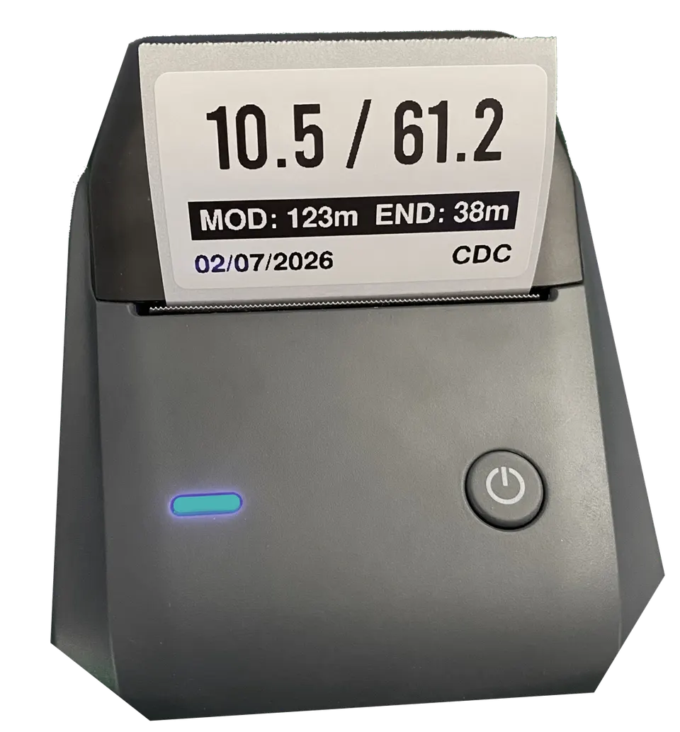 Niimbot B1 printer showing a finished trimix analysis label with MOD and END