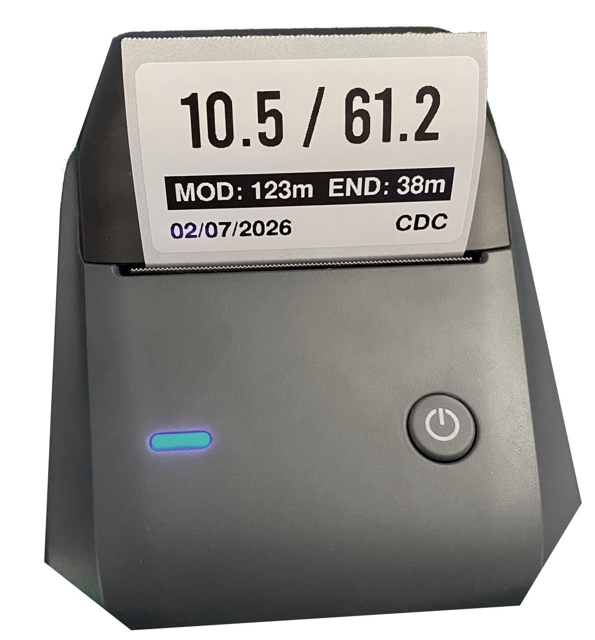 Niimbot printer showing a finished trimix analysis label with MOD and END