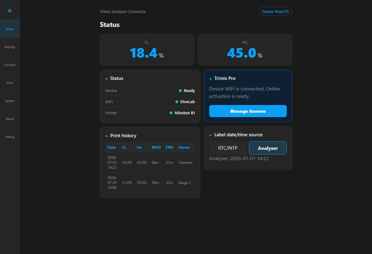 Trimix Analyser Connector firmware Web UI dashboard